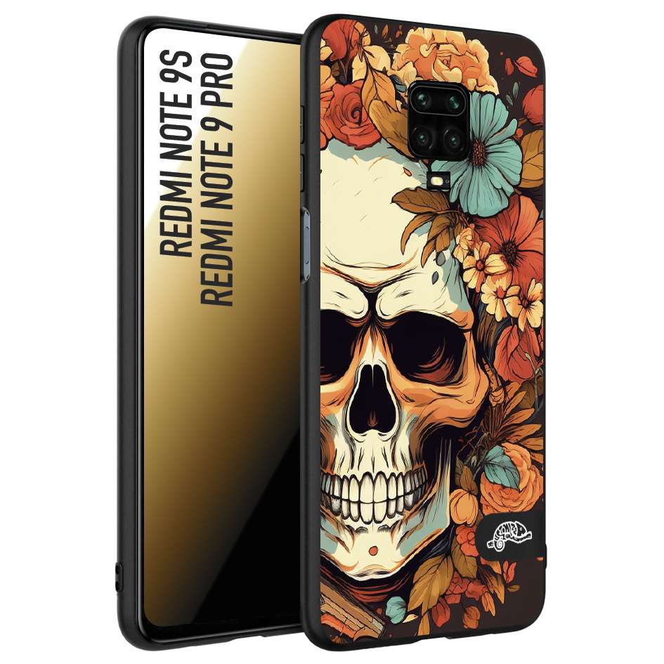 CUSTOMIZZA - Custodia cover nera morbida in tpu compatibile per Xiaomi Redmi Note 9S - Note 9 PRO teschio skull flowers fiori autunnali arancio celeste tattoo