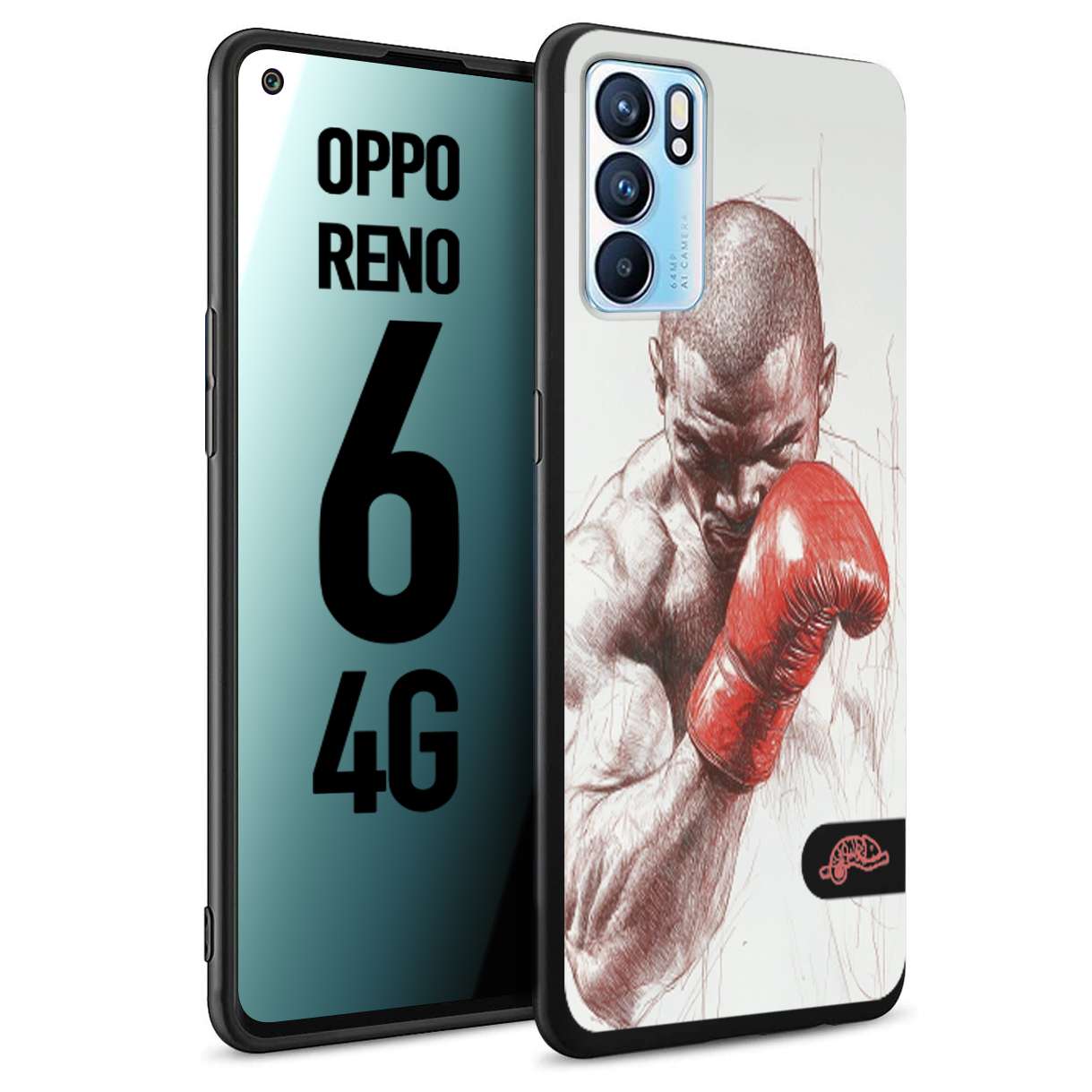CUSTOMIZZA - Custodia cover nera morbida in tpu compatibile per Oppo Reno 6 4G pugilato pugili disegno tattoo guantoni box sport primo piano