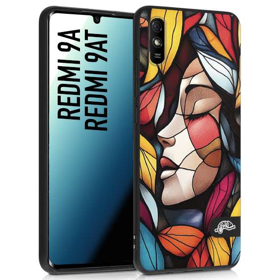 CUSTOMIZZA - Custodia cover nera morbida in tpu compatibile per Xiaomi Redmi 9A - 9AT Vetrata artistica volto di donna profilo fogliare mosaico di vetro colorato