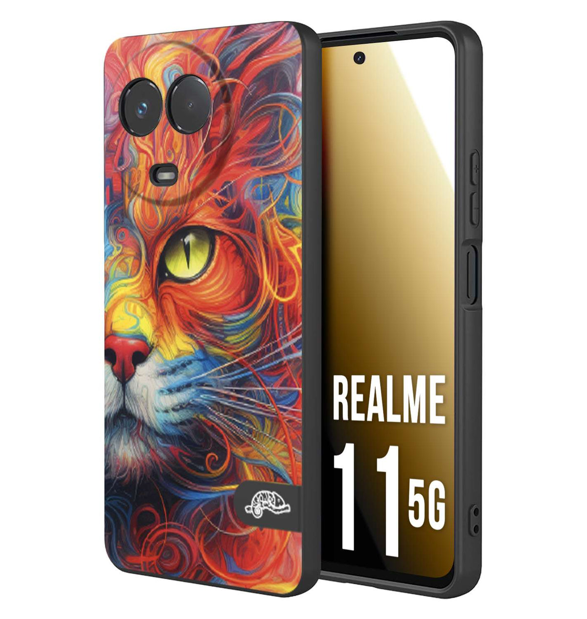 CUSTOMIZZA - Custodia cover nera morbida in tpu compatibile per Realme 11 5G animali color cat gatto viso colori vibranti disegnato schizzo