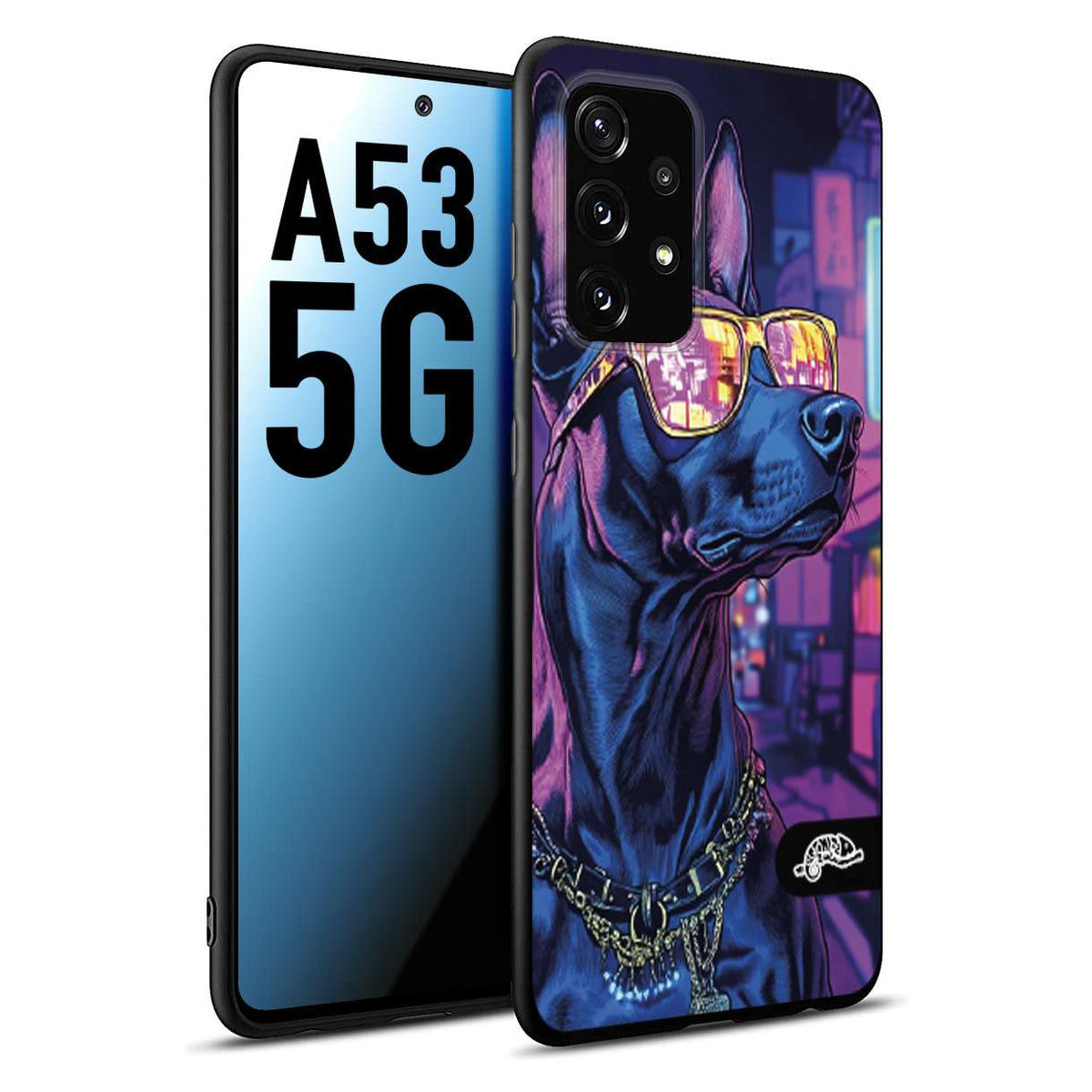 CUSTOMIZZA - Custodia cover nera morbida in tpu compatibile per Samsung A53 5G animali cyberpunk dobermann cane street dog fucsia blu night