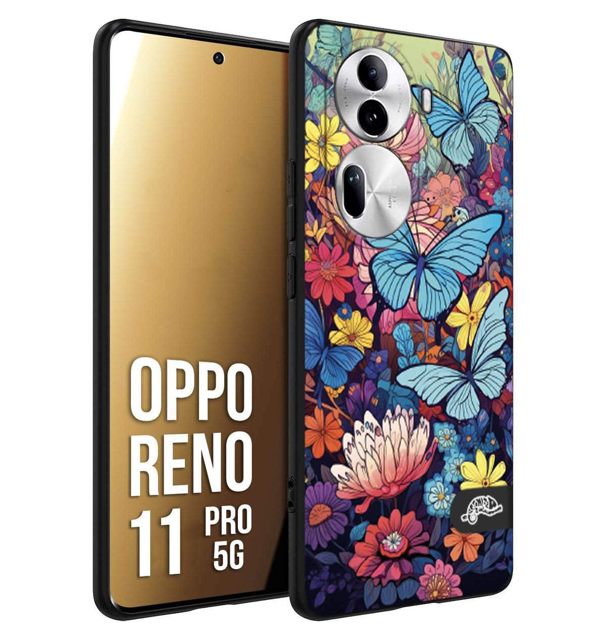CUSTOMIZZA - Custodia cover nera morbida in tpu compatibile per Oppo Reno 11 PRO 5G farfalle butterfly moderno donna disegnate gialla blu rosa
