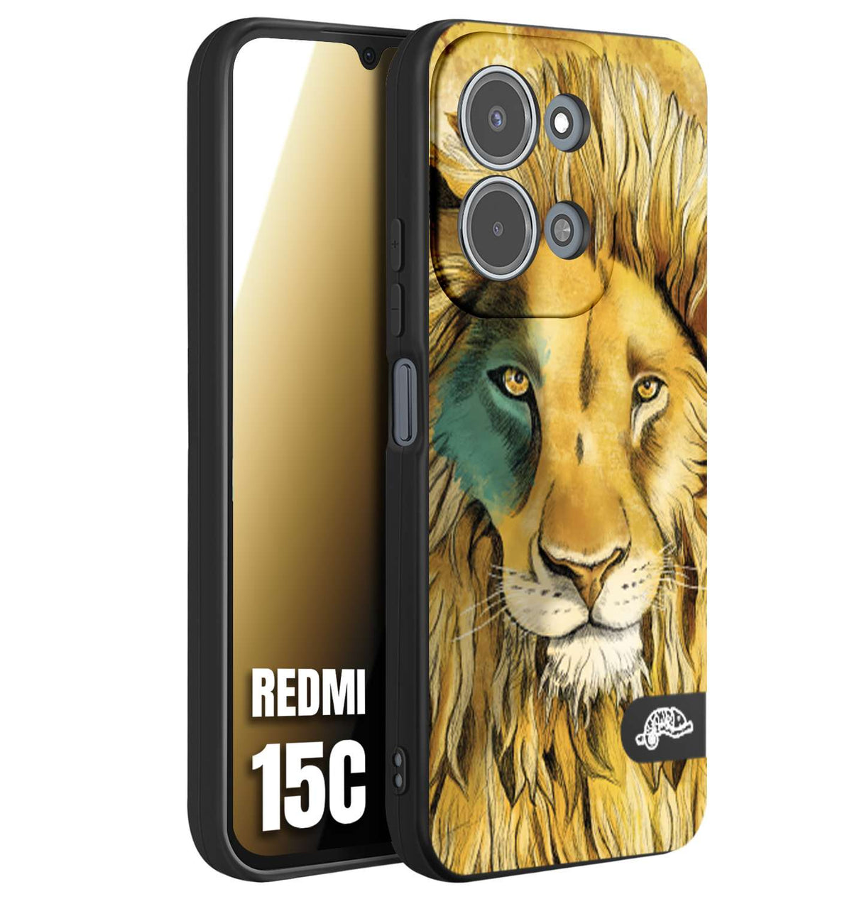 CUSTOMIZZA - Custodia cover nera morbida in tpu compatibile per Xiaomi Redmi 15C leone lion disegnato a mano giallo blu a rilievo artistico brown