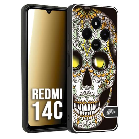 CUSTOMIZZA - Custodia cover nera morbida in tpu compatibile per Xiaomi Redmi 14C teschio messicano Mexican skull bianco verde giallo