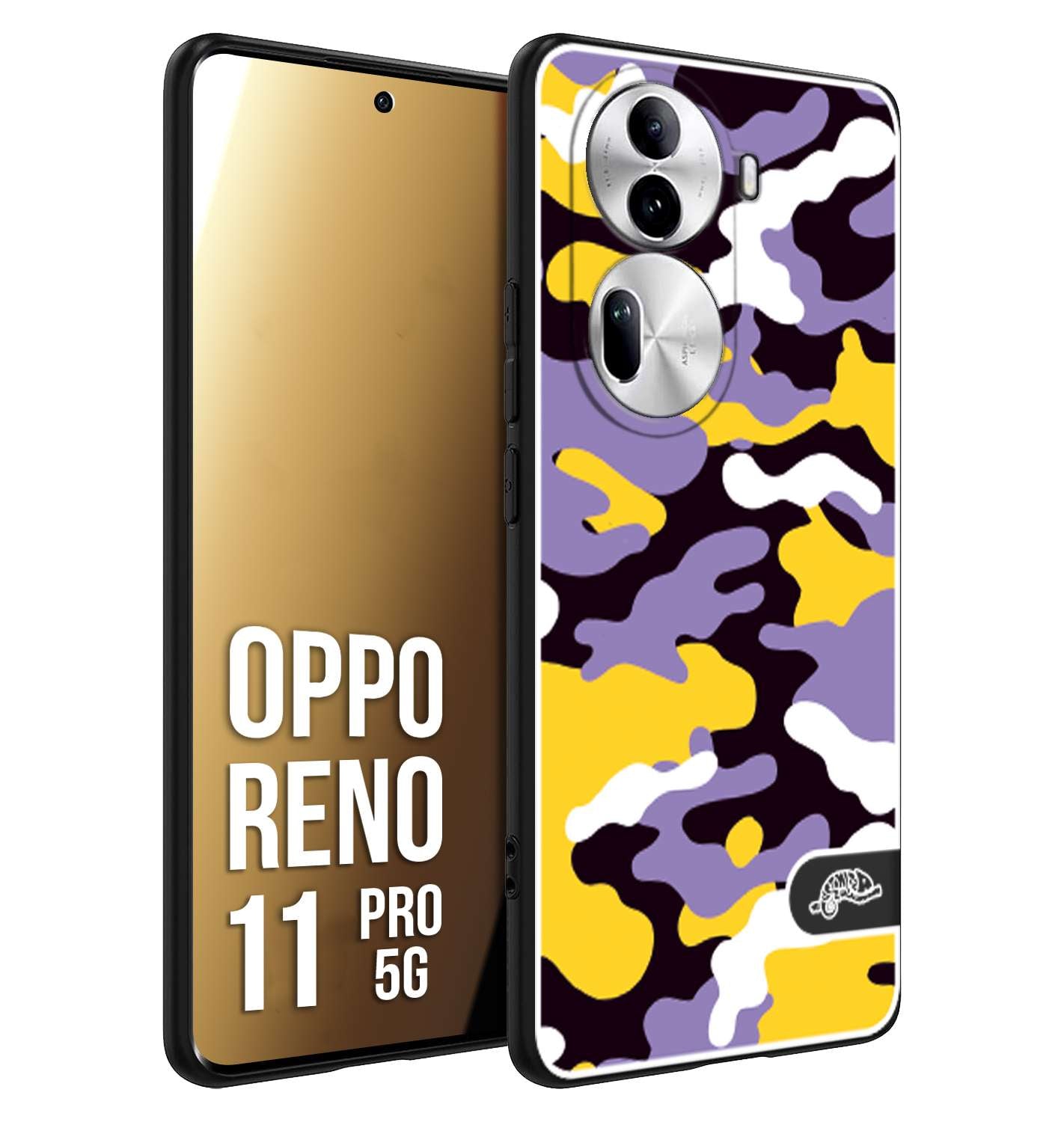 CUSTOMIZZA - Custodia cover nera morbida in tpu compatibile per Oppo Reno 11 PRO 5G camouflage mimetico militare viola lilla giallo