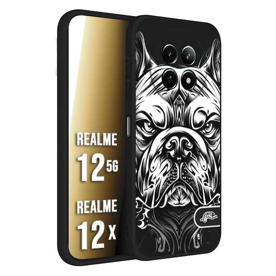 CUSTOMIZZA - Custodia cover nera morbida in tpu compatibile per Realme 12 5G - 12X bulldog bianco a rilievo disegnato tattoo tatuaggio