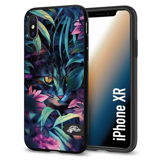 CUSTOMIZZA - Custodia cover nera morbida in tpu compatibile per iPhone Xr animali color giungla tropicale occhio di gatto colori vibranti disegnato