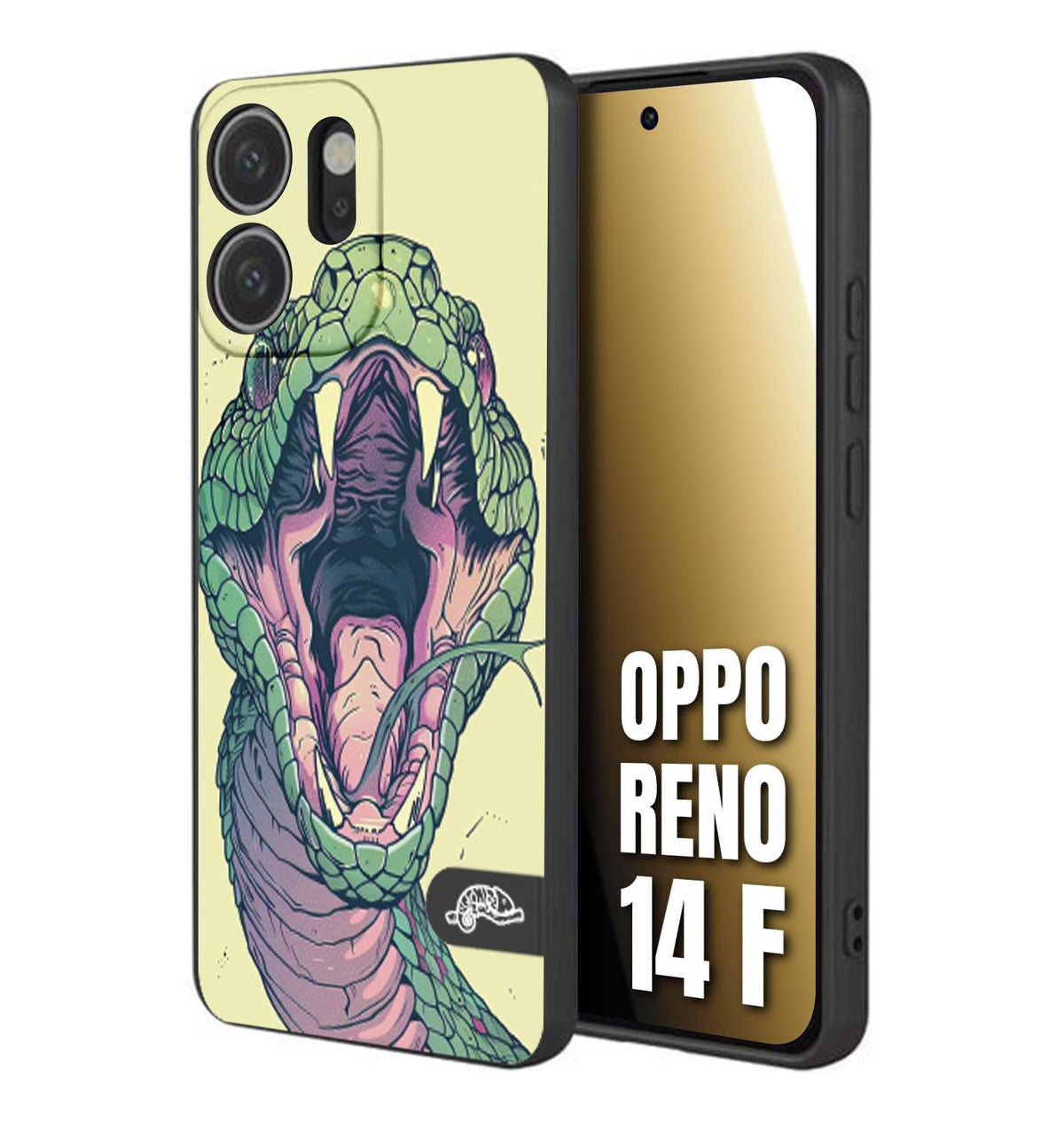 CUSTOMIZZA - Custodia cover nera morbida in tpu compatibile per Oppo Reno 14 F snake yellow green serpente tatuaggio tattoo disegnato a mano