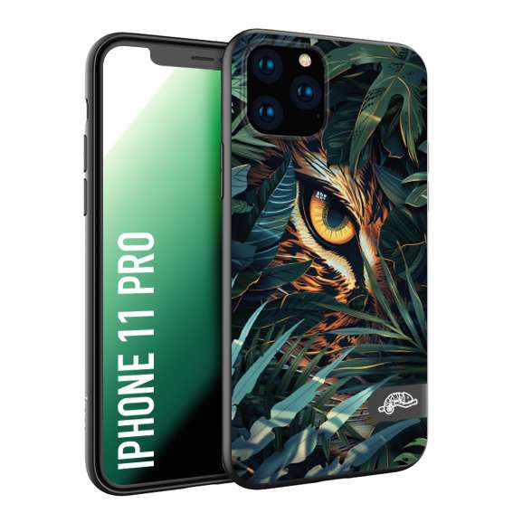 CUSTOMIZZA - Custodia cover nera morbida in tpu compatibile per iPhone 11 PRO animali color giungla tropicale occhio di giaguaro felino disegnato