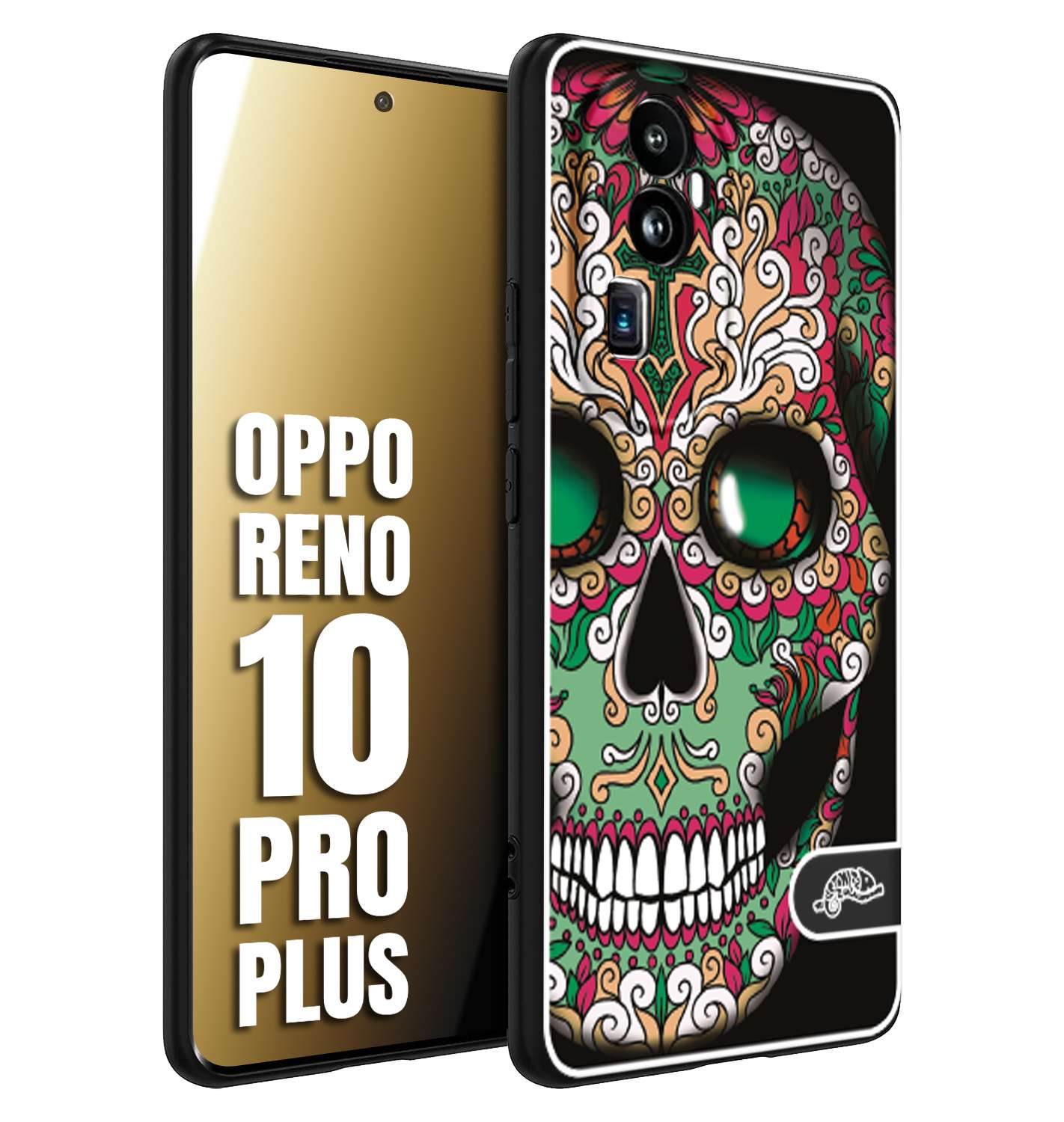 CUSTOMIZZA - Custodia cover nera morbida in tpu compatibile per Oppo Reno 10 PRO PLUS teschio messicano Mexican skull verde fucsia