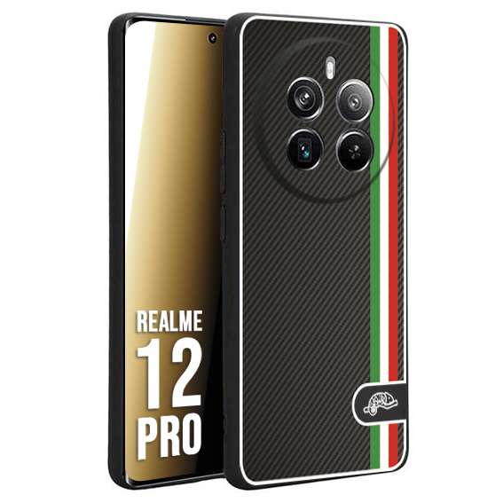 CUSTOMIZZA - Custodia cover nera morbida in tpu compatibile per Realme 12 PRO effetto fibra di carbonio bandiera Italia made in Italy
