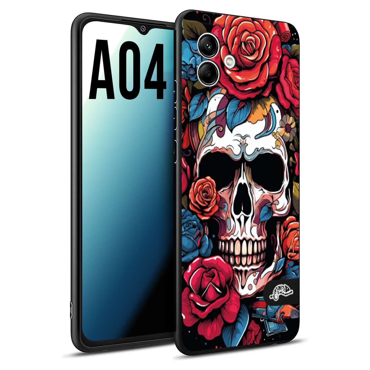 CUSTOMIZZA - Custodia cover nera morbida in tpu compatibile per Samsung A04 teschio skull flowers fiori rose rosse tattoo disegnato