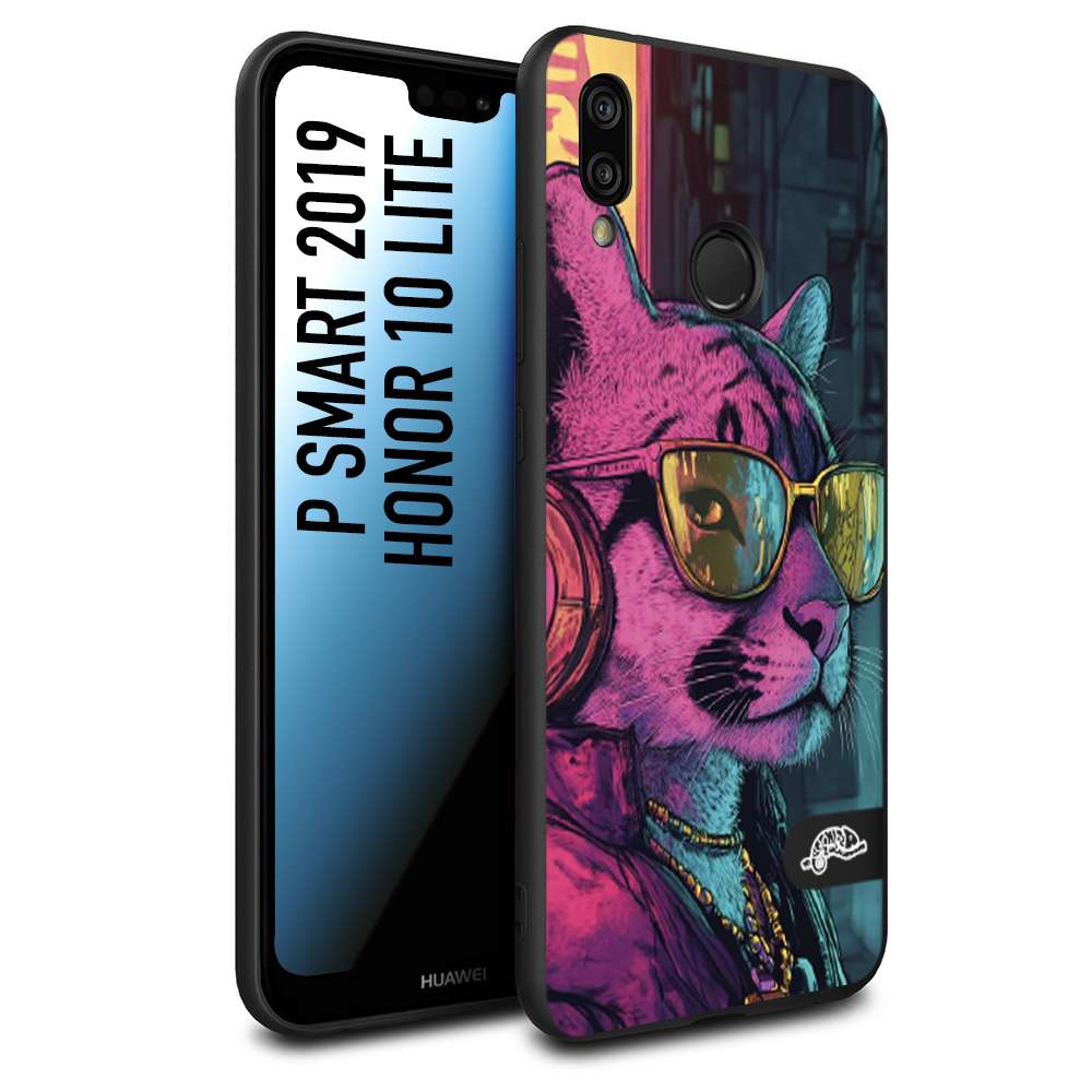 CUSTOMIZZA - Custodia cover nera morbida in tpu compatibile per Huawei P Smart 2019 animali cyberpunk pantera street cat fucsia blu giallo