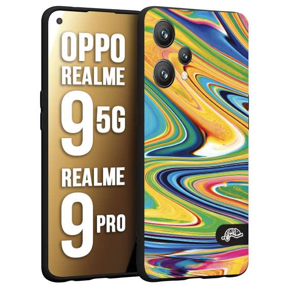 CUSTOMIZZA - Custodia cover nera morbida in tpu compatibile per Realme 9 5G - 9 PRO colorata fantasia vortice marmo arcobaleno gialla verde blu