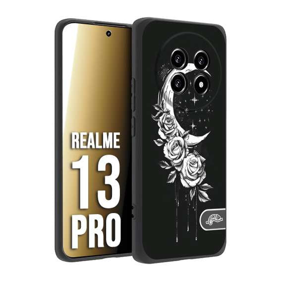 CUSTOMIZZA - Custodia cover nera morbida in tpu compatibile per Realme 13 PRO luna e fiori moon flowers black and white bianco a rilievo disegnato
