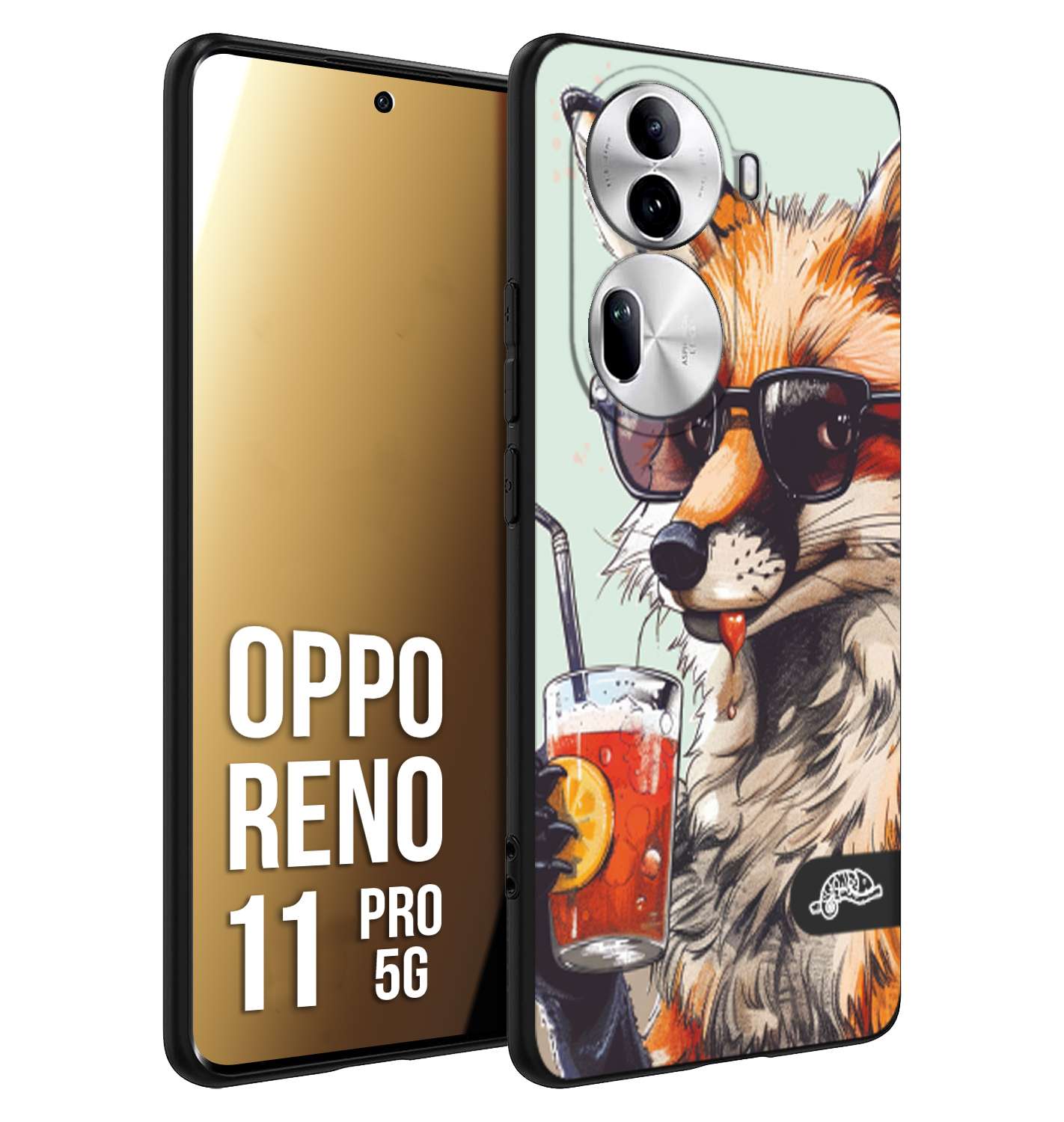 CUSTOMIZZA - Custodia cover nera morbida in tpu compatibile per Oppo Reno 11 PRO 5G estate disegnata cocktails animali simpatici fox volpe negroni