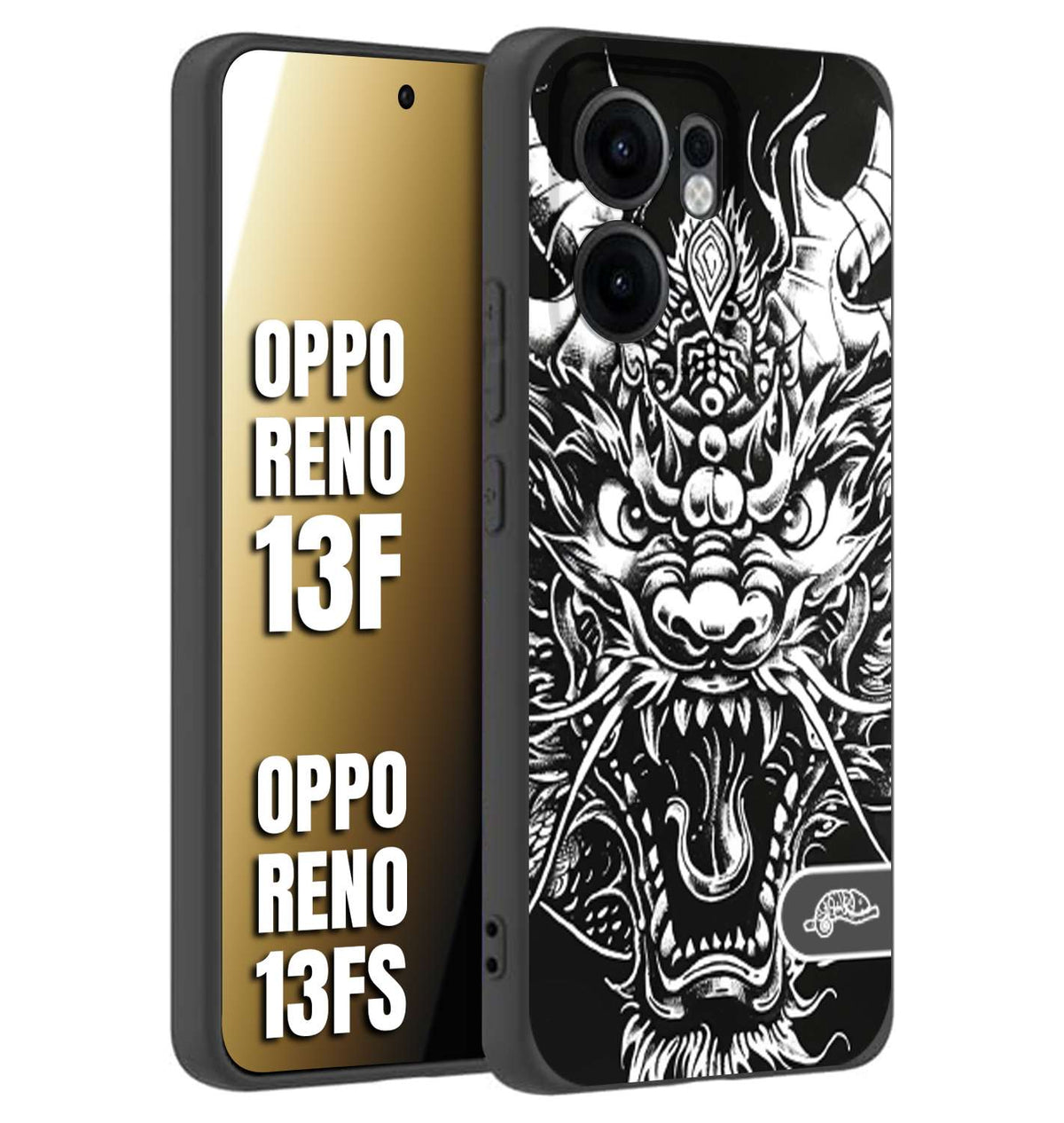CUSTOMIZZA - Custodia cover nera morbida in tpu compatibile per Oppo Reno 13 F drago black and white bianco a rilievo disegnato tattoo tatuaggio