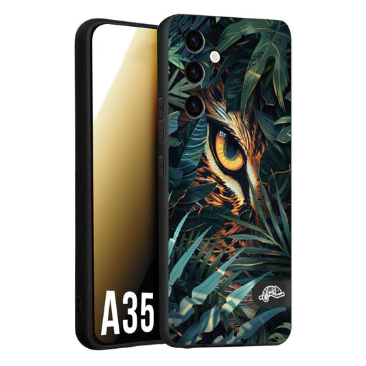CUSTOMIZZA - Custodia cover nera morbida in tpu compatibile per Samsung A35 5G animali color giungla tropicale occhio di giaguaro felino disegnato