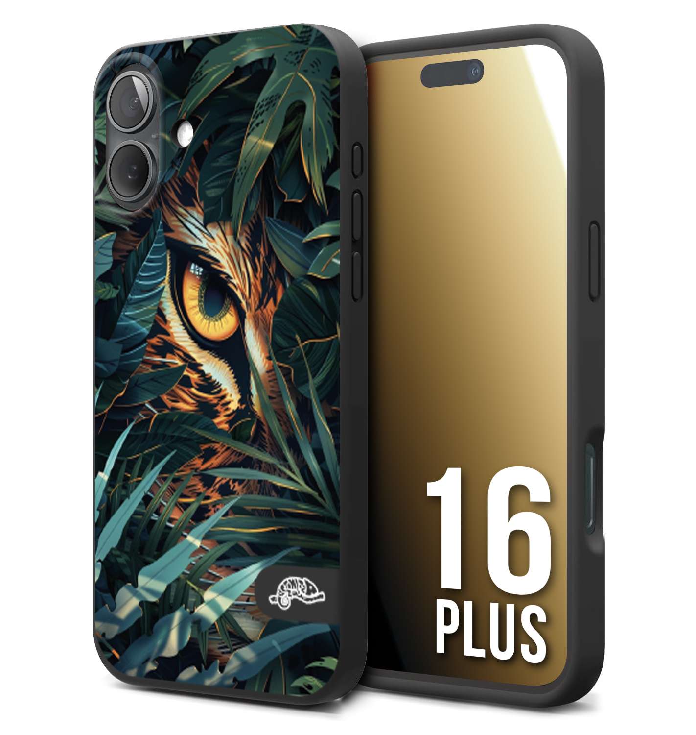 CUSTOMIZZA - Custodia cover nera morbida in tpu compatibile per iPhone 16 PLUS animali color giungla tropicale occhio di giaguaro felino disegnato