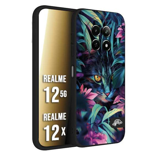 CUSTOMIZZA - Custodia cover nera morbida in tpu compatibile per Realme 12 5G - 12X animali color giungla tropicale occhio di gatto colori vibranti disegnato