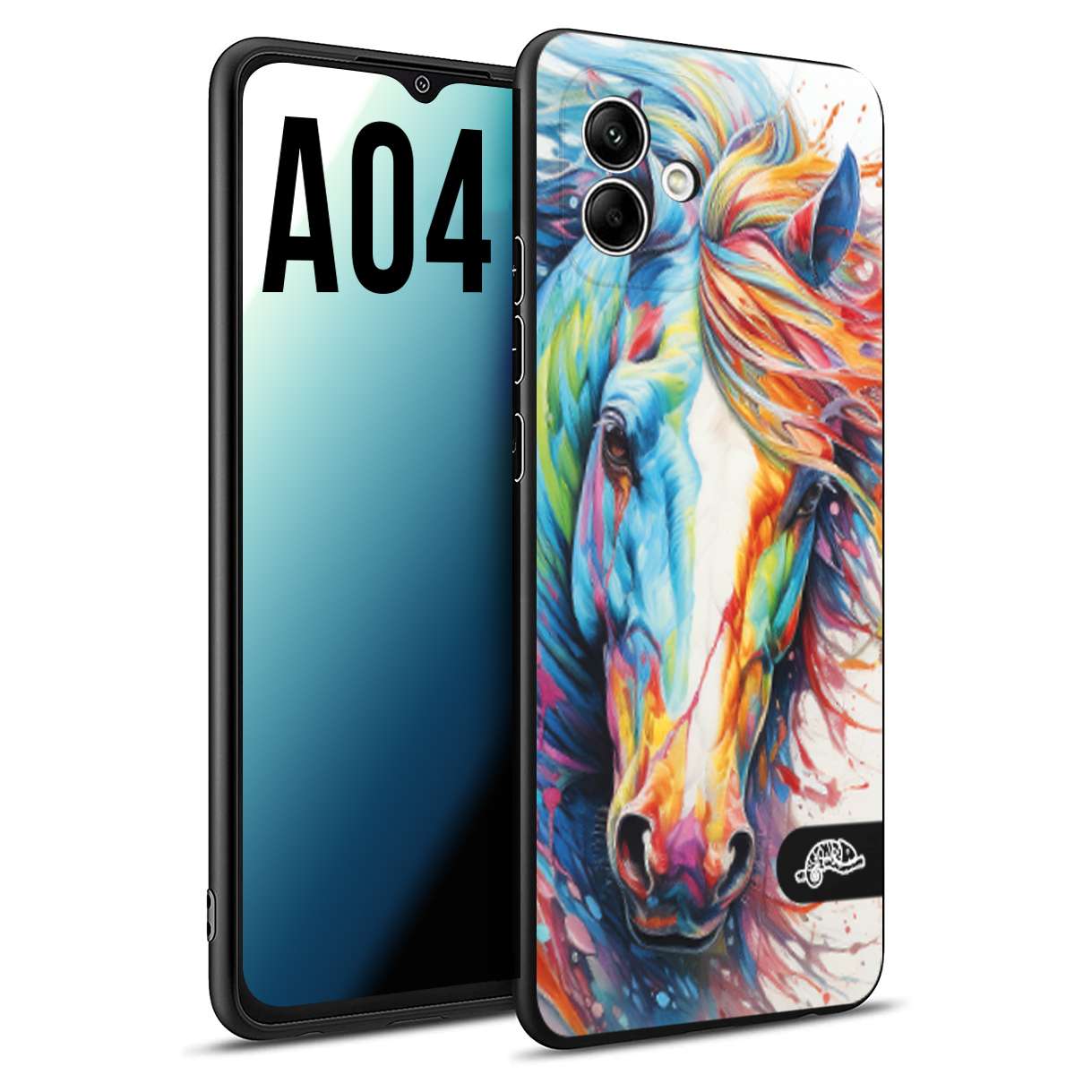 CUSTOMIZZA - Custodia cover nera morbida in tpu compatibile per Samsung A04 animali color cavallo horse viso colori vibranti disegnato schizzo