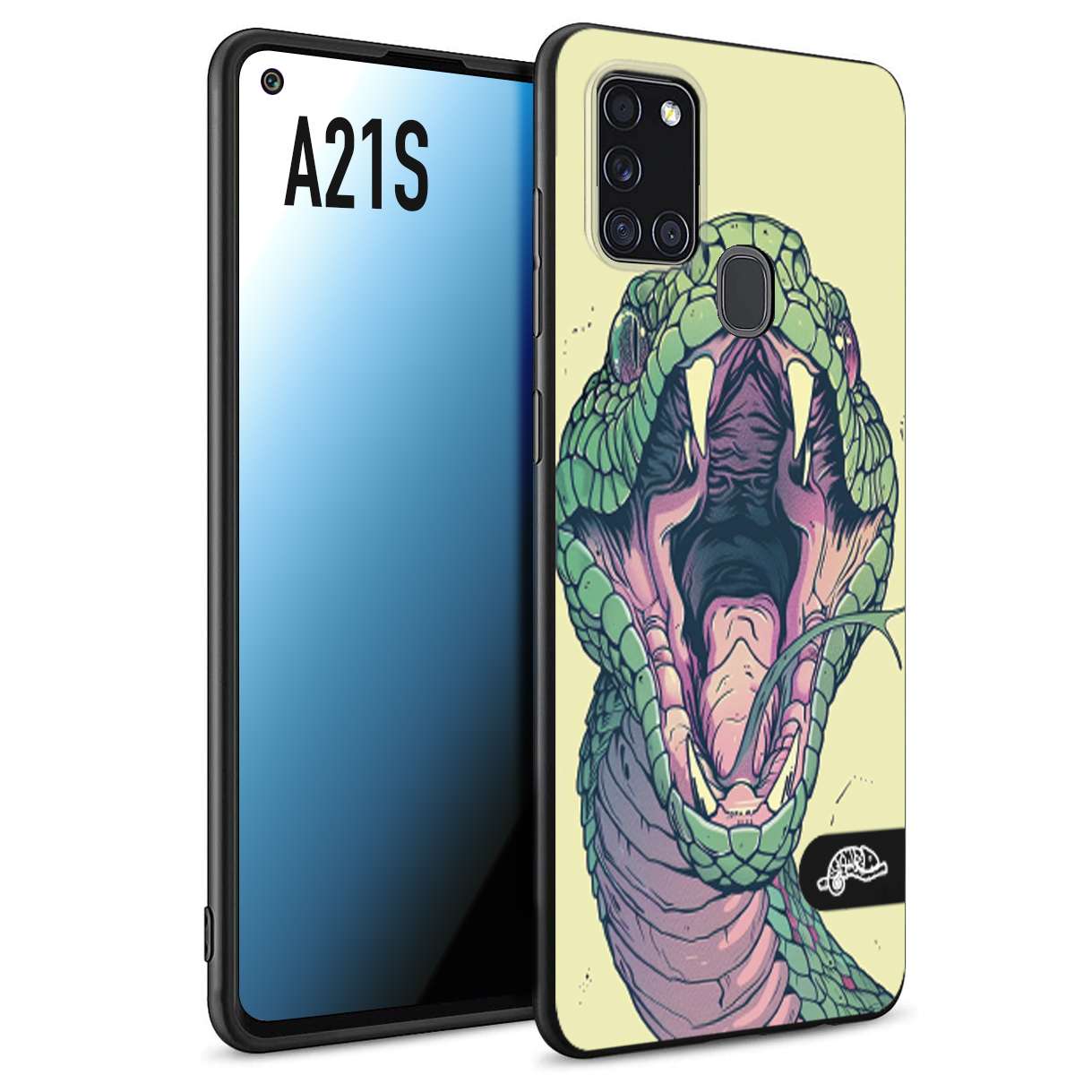 CUSTOMIZZA - Custodia cover nera morbida in tpu compatibile per Samsung A21S snake yellow green serpente tatuaggio tattoo disegnato a mano