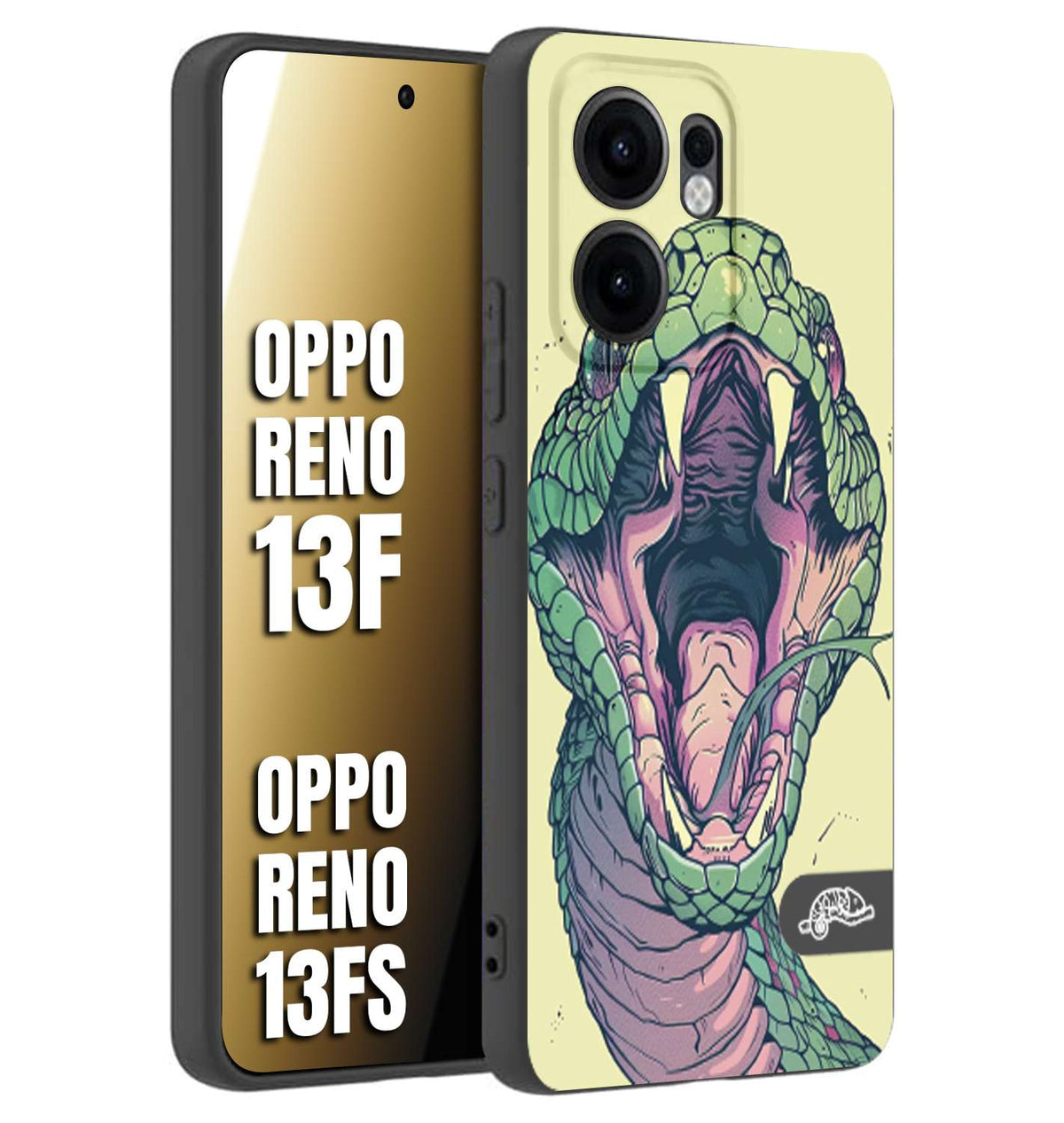 CUSTOMIZZA - Custodia cover nera morbida in tpu compatibile per Oppo Reno 13 F snake yellow green serpente tatuaggio tattoo disegnato a mano