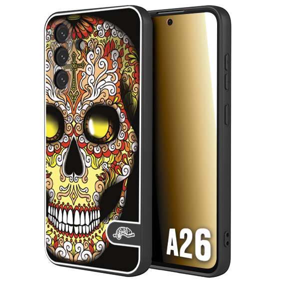 CUSTOMIZZA - Custodia cover nera morbida in tpu compatibile per Samsung A26 teschio messicano Mexican skull giallo rosso arancio