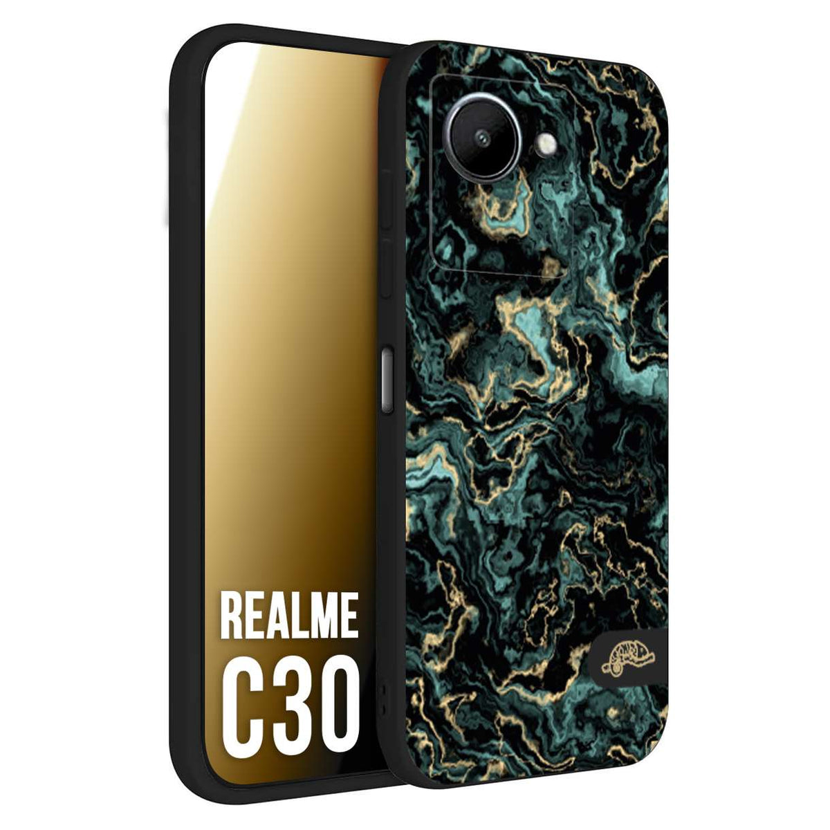 CUSTOMIZZA - Custodia cover nera morbida in tpu compatibile per Realme C30 effetto marmo marble verde green venature dorato pietra