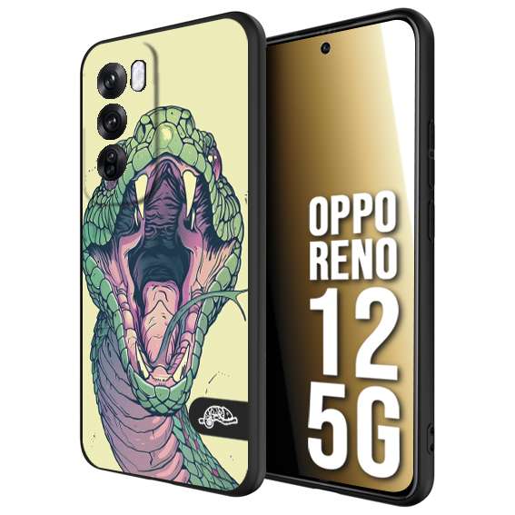 CUSTOMIZZA - Custodia cover nera morbida in tpu compatibile per Oppo Reno 12 5G snake yellow green serpente tatuaggio tattoo disegnato a mano
