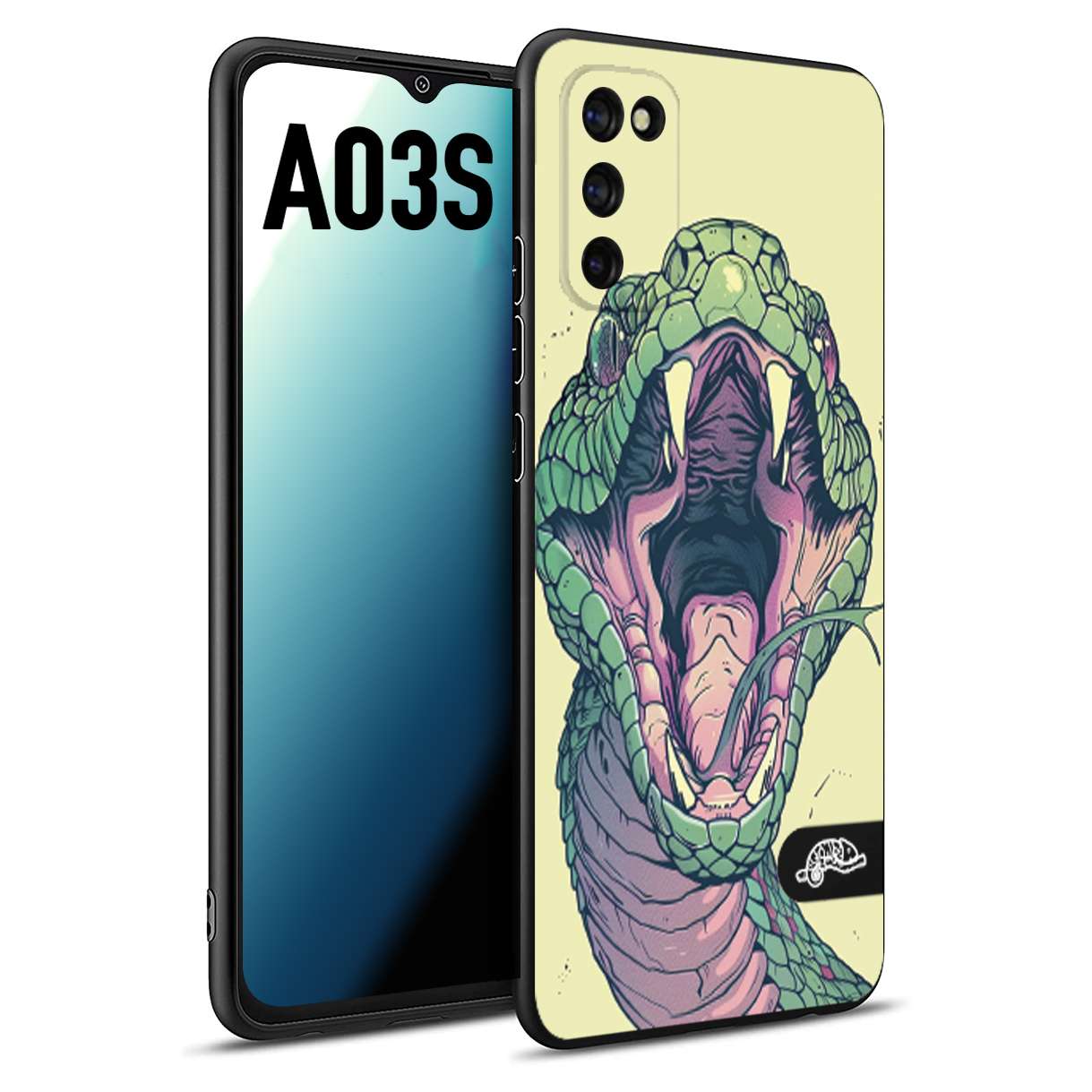 CUSTOMIZZA - Custodia cover nera morbida in tpu compatibile per Samsung A03S snake yellow green serpente tatuaggio tattoo disegnato a mano