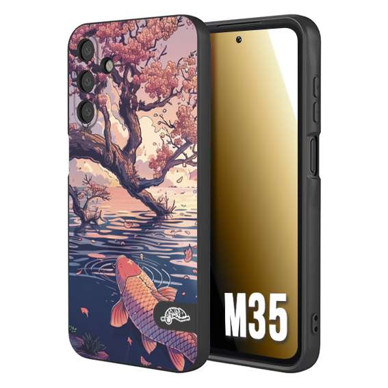 CUSTOMIZZA - Custodia cover nera morbida in tpu compatibile per Samsung M35 giapponese lago carpa koi rosa con foglie d'acero disegnata tattoo