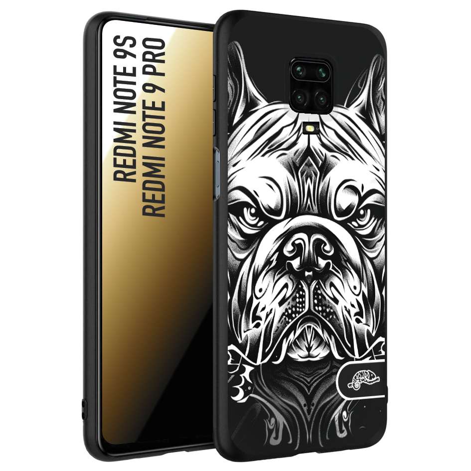 CUSTOMIZZA - Custodia cover nera morbida in tpu compatibile per Xiaomi Redmi Note 9S - Note 9 PRO bulldog bianco a rilievo disegnato tattoo tatuaggio
