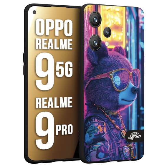 CUSTOMIZZA - Custodia cover nera morbida in tpu compatibile per Realme 9 5G - 9 PRO animali cyberpunk orsetto orso street bear fucsia blu night