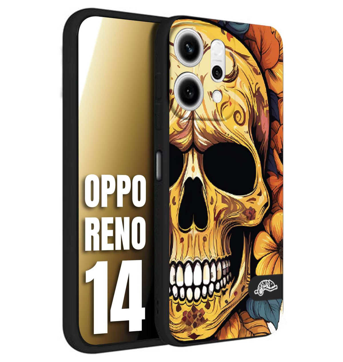 CUSTOMIZZA - Custodia cover nera morbida in tpu compatibile per Oppo Reno 14 teschio messicano colorato dorato fiori autunnali disegnato
