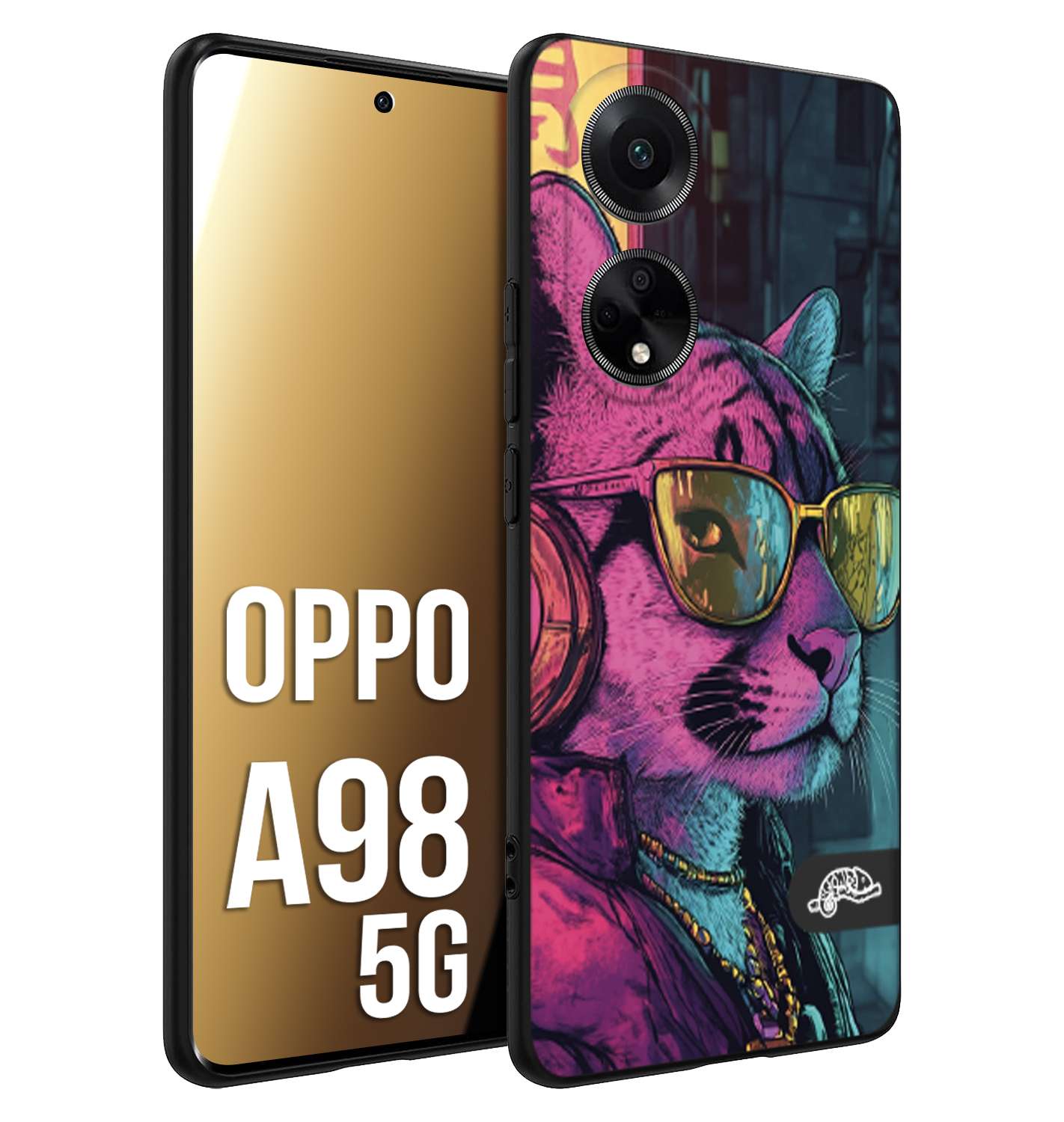 CUSTOMIZZA - Custodia cover nera morbida in tpu compatibile per Oppo A98 5G animali cyberpunk pantera street cat fucsia blu giallo