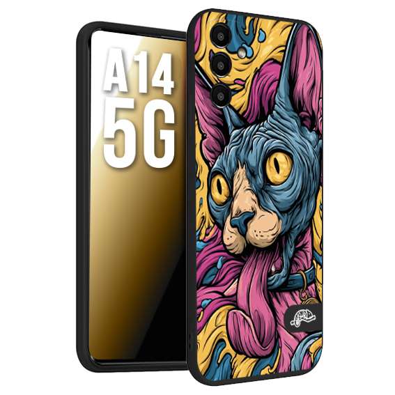 CUSTOMIZZA - Custodia cover nera morbida in tpu compatibile per Samsung A14 5G Sphynx Colorato Pop Art Psichedelico Gatto Blu Rosa Giallo Artistica Fantasy