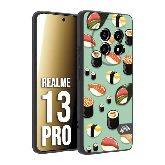 CUSTOMIZZA - Custodia cover nera morbida in tpu compatibile per Realme 13 PRO sushi disegni giapponese nighiri acquamarina verde