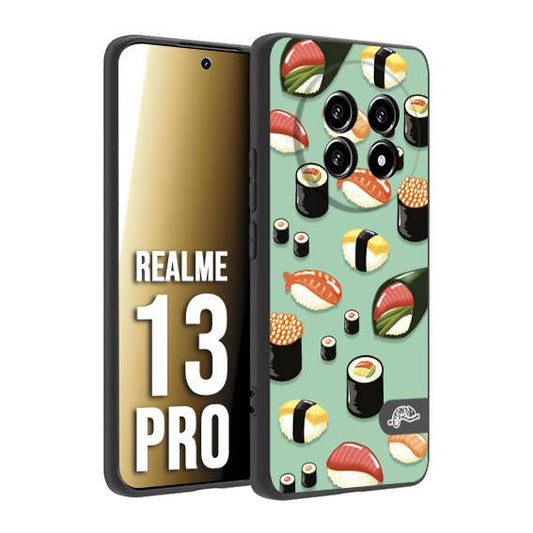 CUSTOMIZZA - Custodia cover nera morbida in tpu compatibile per Realme 13 PRO sushi disegni giapponese nighiri acquamarina verde