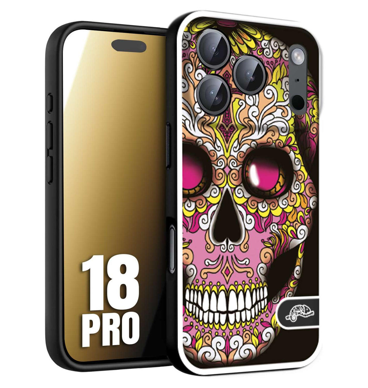 CUSTOMIZZA - Custodia cover nera morbida in tpu compatibile per iPhone 18 PRO teschio messicano Mexican skull rosa gialla