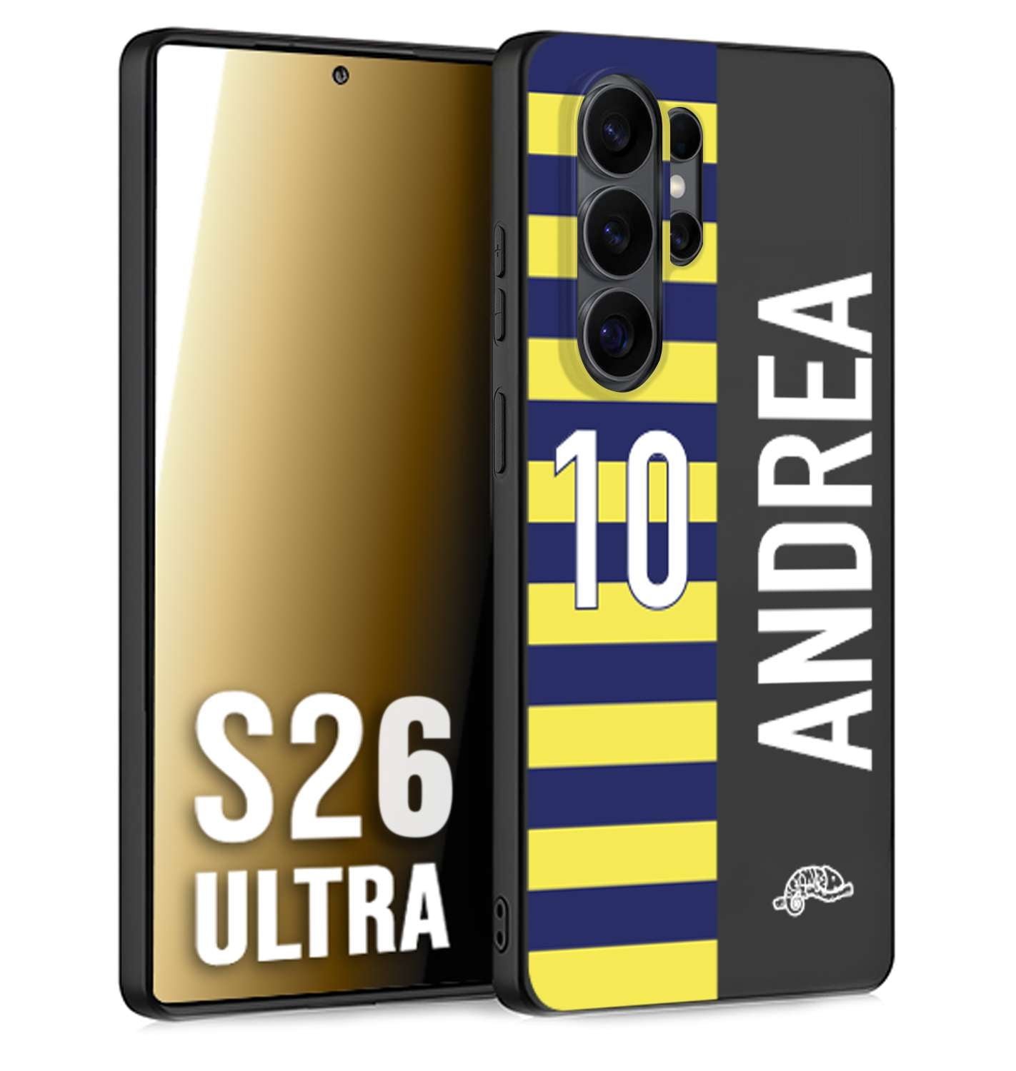 CUSTOMIZZA - Custodia cover nera morbida in tpu compatibile per Samsung S26 ULTRA personalizzata calcio football nome e numero calciatori giallo blu