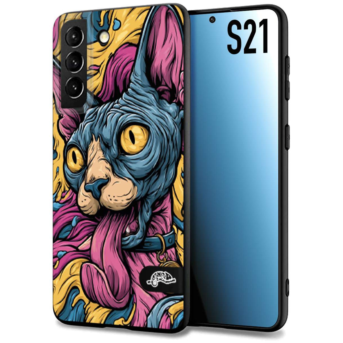 CUSTOMIZZA - Custodia cover nera morbida in tpu compatibile per Samsung S21 Sphynx Colorato Pop Art Psichedelico Gatto Blu Rosa Giallo Artistica Fantasy