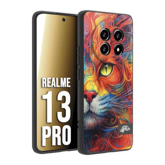 CUSTOMIZZA - Custodia cover nera morbida in tpu compatibile per Realme 13 PRO animali color cat gatto viso colori vibranti disegnato schizzo