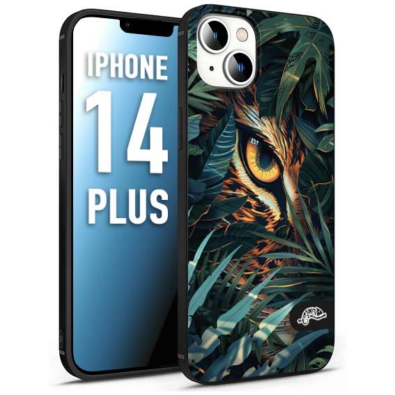 CUSTOMIZZA - Custodia cover nera morbida in tpu compatibile per iPhone 14 PLUS animali color giungla tropicale occhio di giaguaro felino disegnato