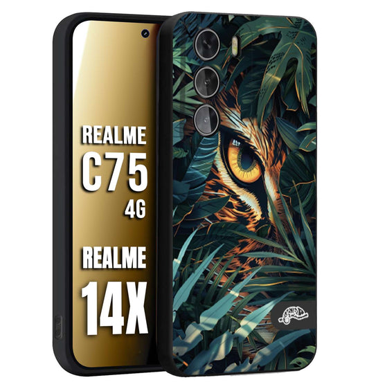 CUSTOMIZZA - Custodia cover nera morbida in tpu compatibile per Realme 14X - C75 4G animali color giungla tropicale occhio di giaguaro felino disegnato