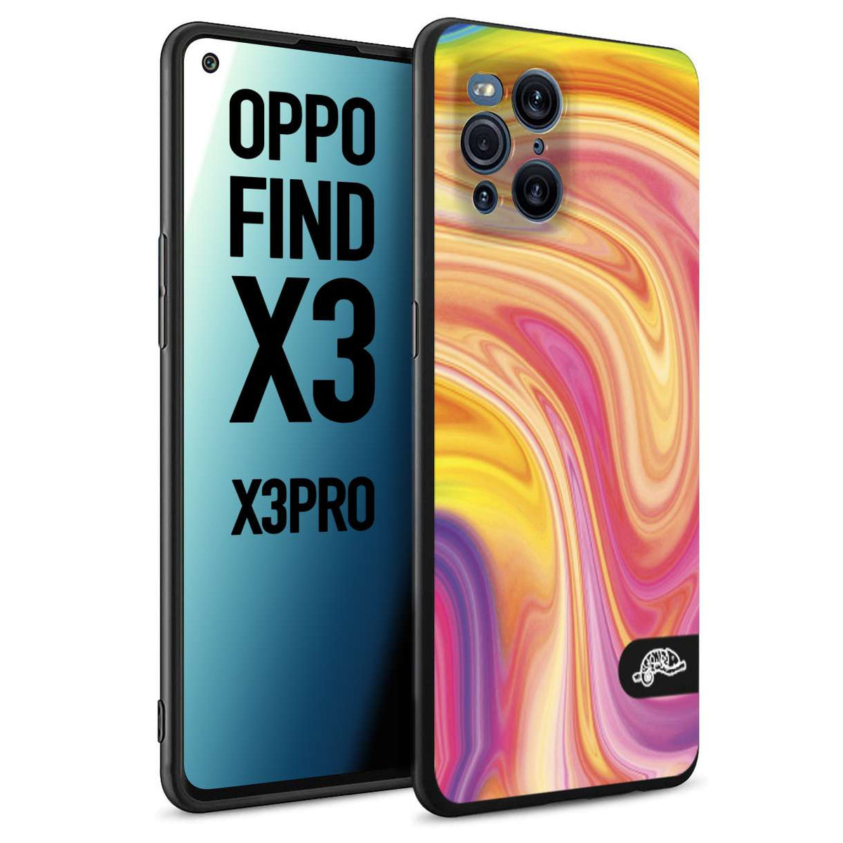CUSTOMIZZA - Custodia cover nera morbida in tpu compatibile per Oppo Find X3 - Find X3 Pro 5G colorata fantasia vortice marmo onde rosa fucsia gialla