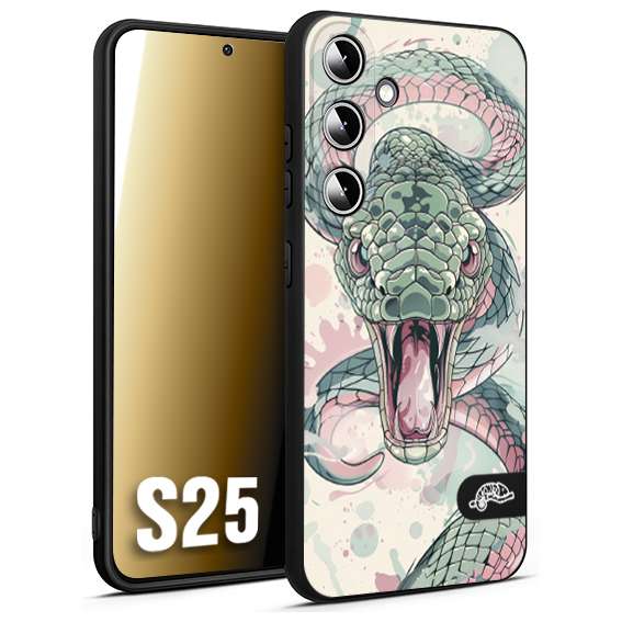 CUSTOMIZZA - Custodia cover nera morbida in tpu compatibile per Samsung S25 snake pink green serpente tatuaggio tattoo disegnato a mano