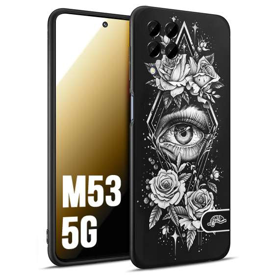 CUSTOMIZZA - Custodia cover nera morbida in tpu compatibile per Samsung M53 5G occhio fiori rombo geometrico black and white bianco a rilievo disegnato tattoo tatuaggio