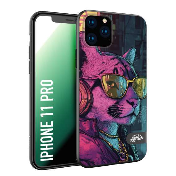 CUSTOMIZZA - Custodia cover nera morbida in tpu compatibile per iPhone 11 PRO animali cyberpunk pantera street cat fucsia blu giallo