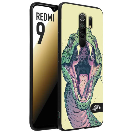 CUSTOMIZZA - Custodia cover nera morbida in tpu compatibile per Xiaomi Redmi 9 snake yellow green serpente tatuaggio tattoo disegnato a mano